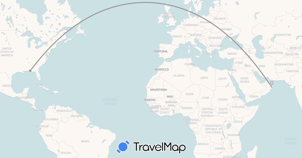 TravelMap itinerary: driving, plane in Oman, United States (Asia, North America)